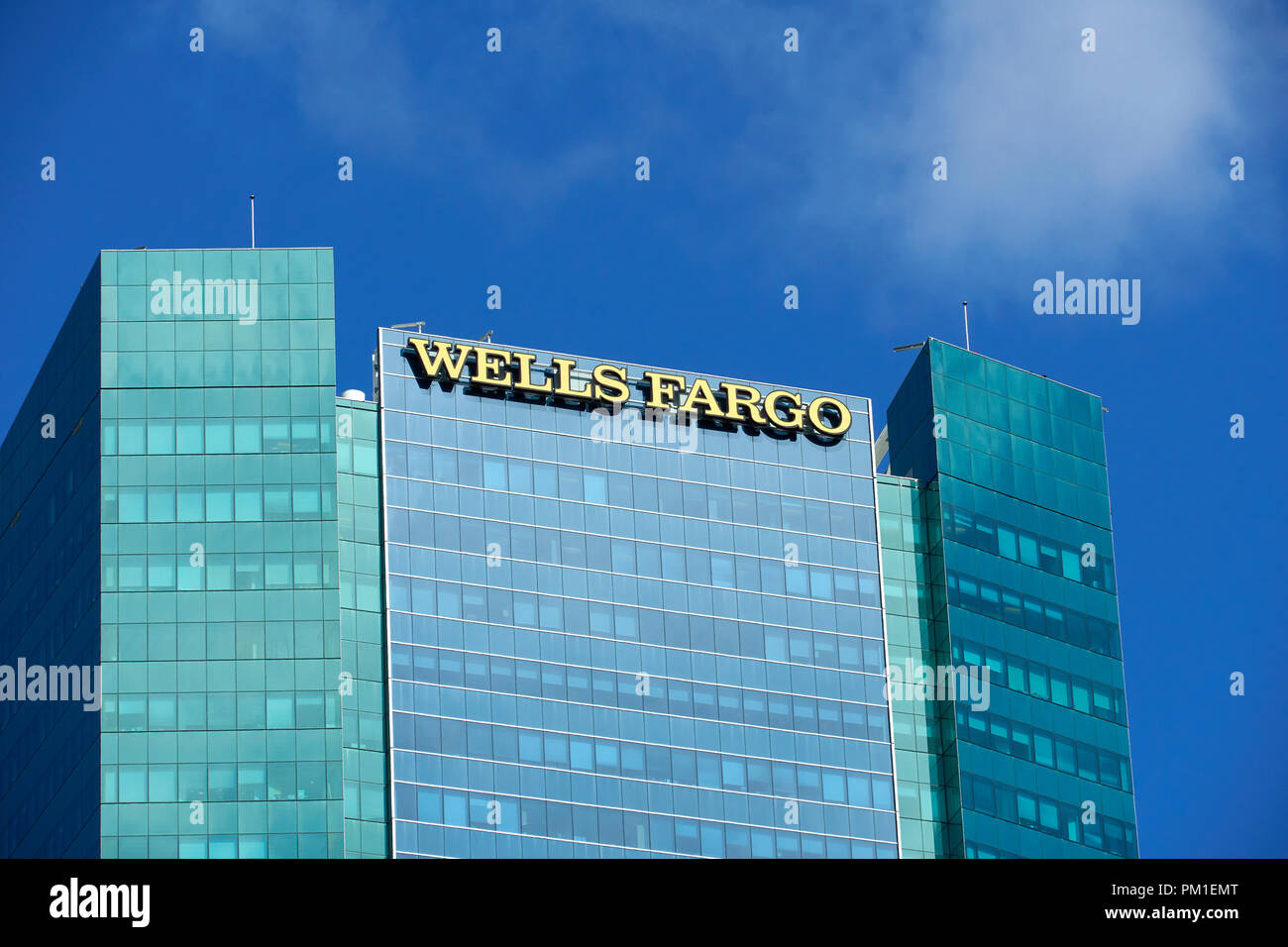 MIAMI, USA - AUGUST 22, 2018: Wells Fargo skyscraper and logo in Miami, Florida. Wells Fargo is an American multinational financial services company Stock Photo