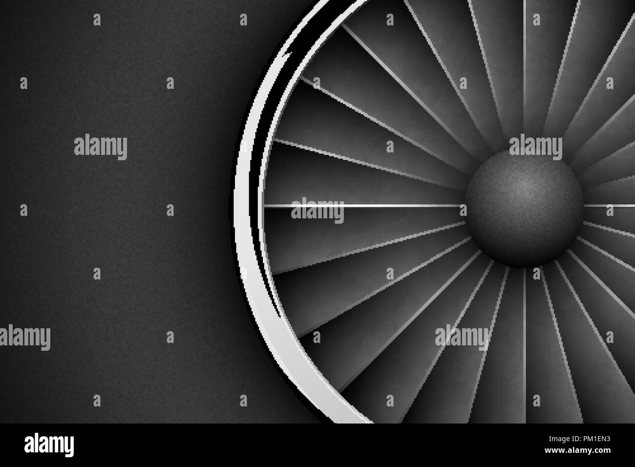 Jet Engine Turbine dark horizontal background. Detailed Airplane Motor with chrome metal ring Front View. Vector illustration aircraft turbo Fan Stock Vector
