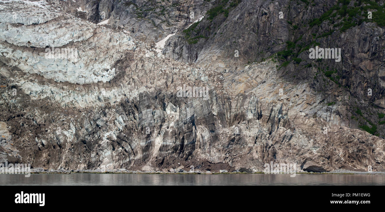 Brown curving lines mars pristine white of a tidewater glacier and are the result of soil and rock carried to the water's edge by the glacier. Stock Photo