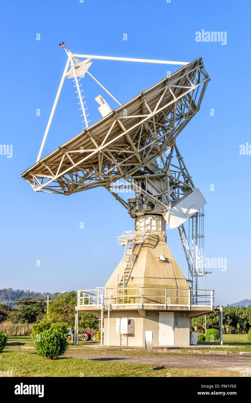 satellite control antenna under cloudless blue sky Stock Photo
