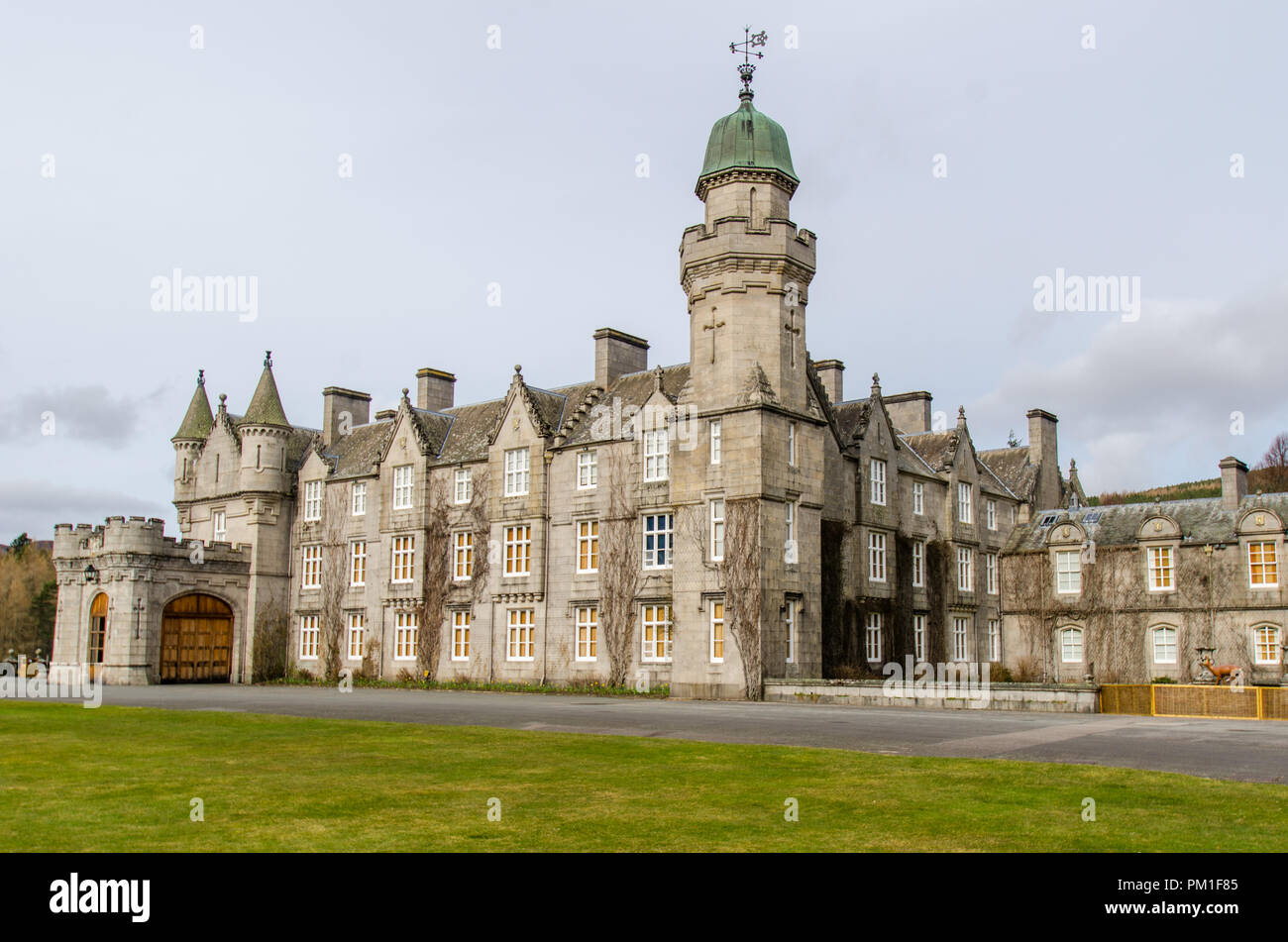 BALMORAL, SCOTLAND, APRIL 2 2016 - A simple front view of Balmoral Castle and country house, bought for Queen Victoria by Prince Albert in 1852 Stock Photo
