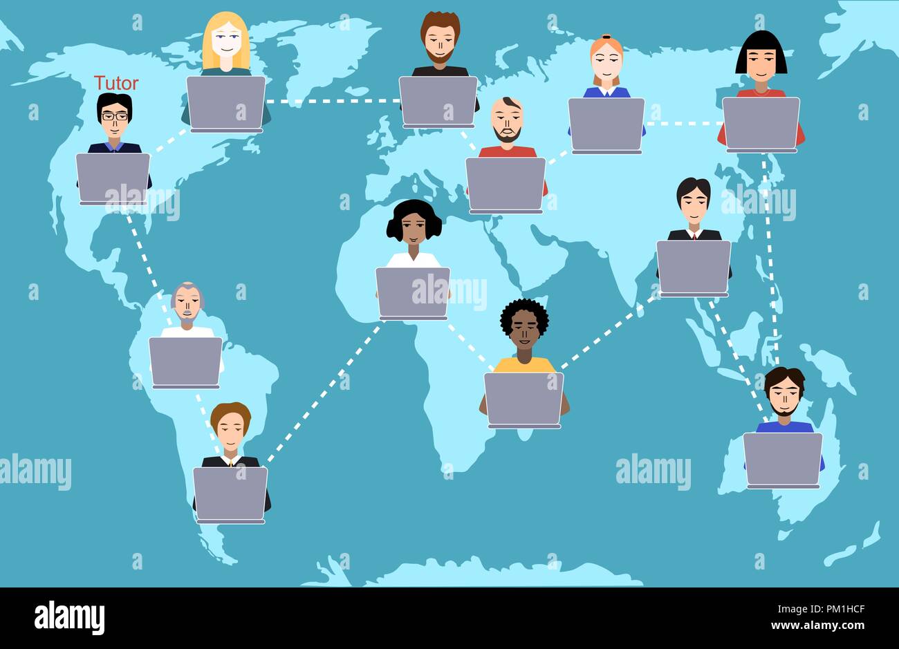 Concept of distance education and e-learning. Tutor instructs students from different countries. Earth map background. American variant of teacher. Stock Vector