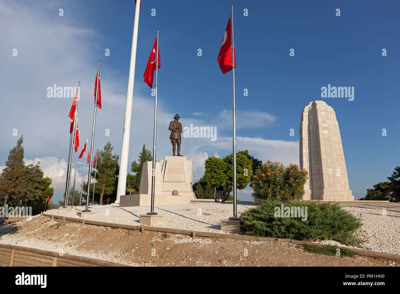 CANAKKALE - JULY 28 2018 : Ataturk Statue and Turkish Flag in Conk Bayiri, Gallipoli. Stock Photo