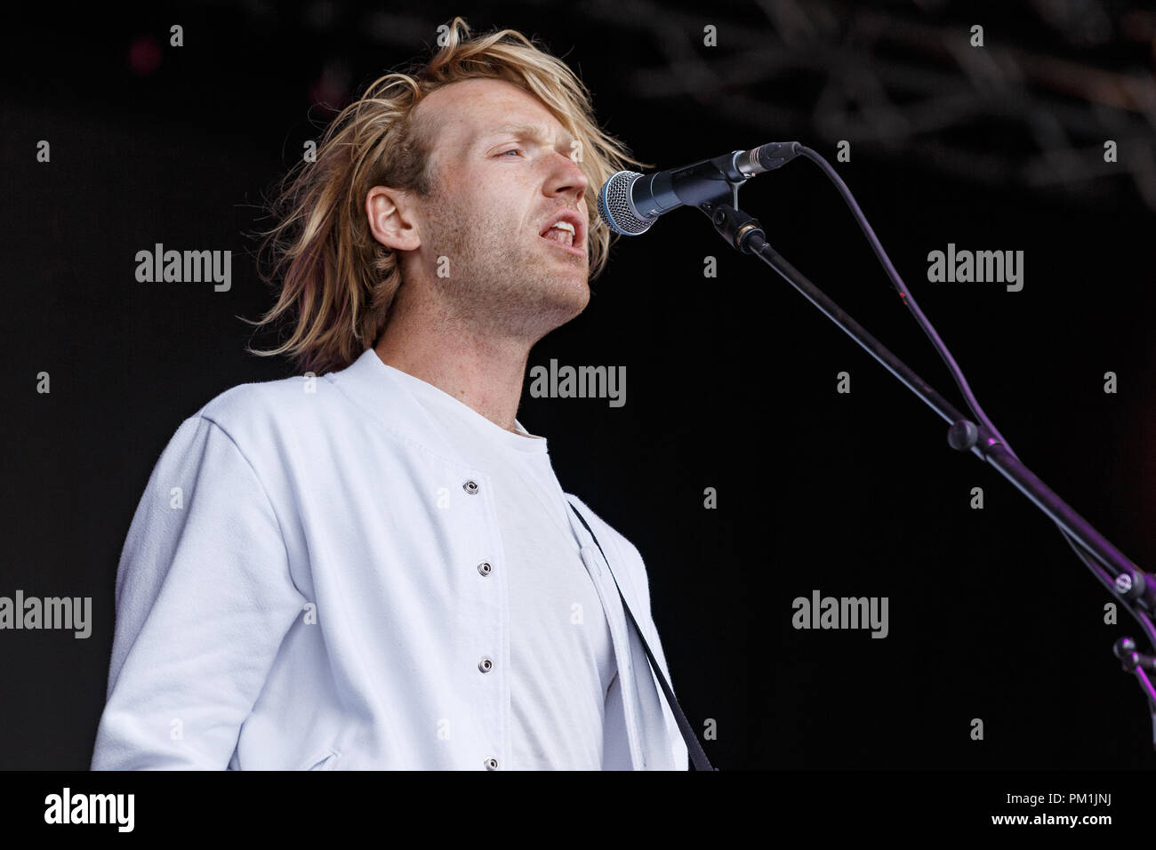 Henry Eastham of VANT performing live with the band in 2017. They released their debut album, Dumb Blood, and split in the same year. Stock Photo