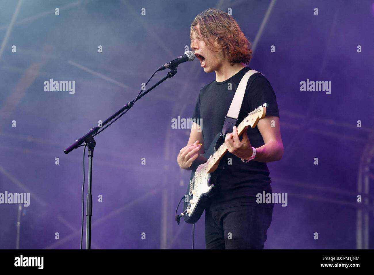 Mattie Vant performing with indie band VANT in 2017. They released their debut album Dumb Blood and split in the same year. Stock Photo