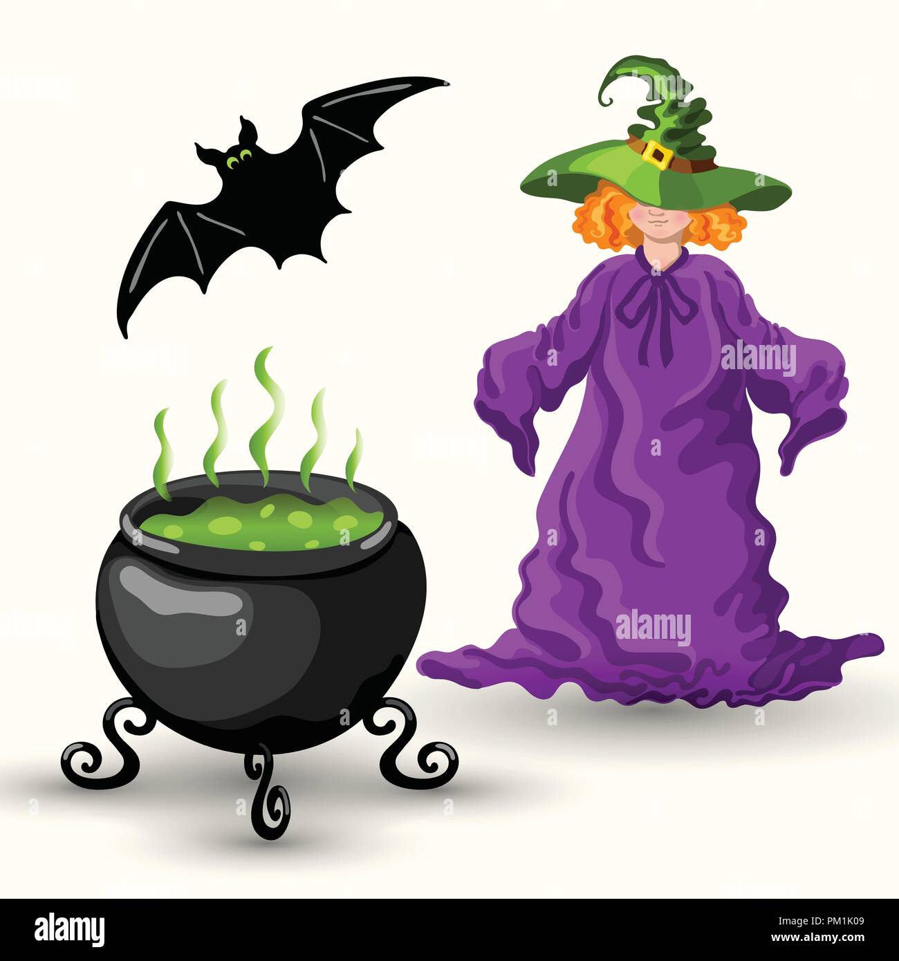 Cartoon style young witch in the magic green hat, bat and cauldron with boiling poison isolated on the white background Stock Vector