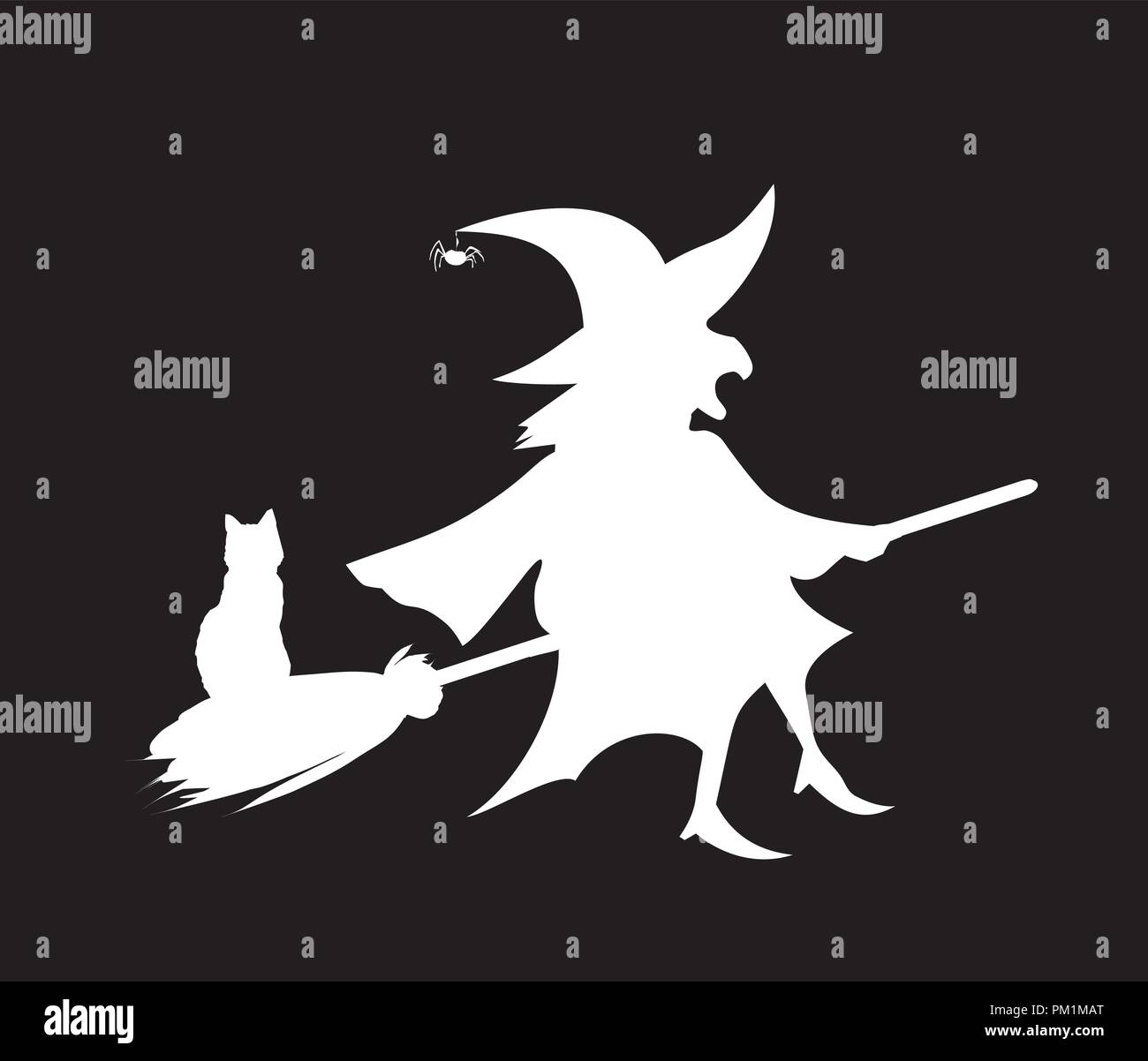 White silhouette of witch in hat and costume flying on broom with cat ...