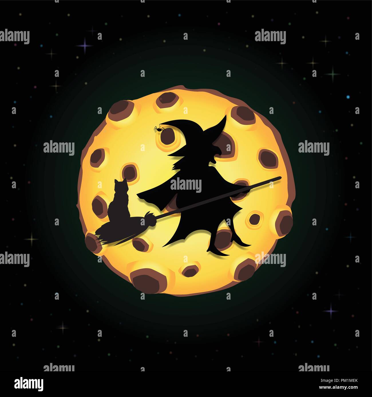 Black silhouette of old scary witch on broomstick with cat flying on night sky background with full yellow moon and sparkling stars. Halloween vector  Stock Vector