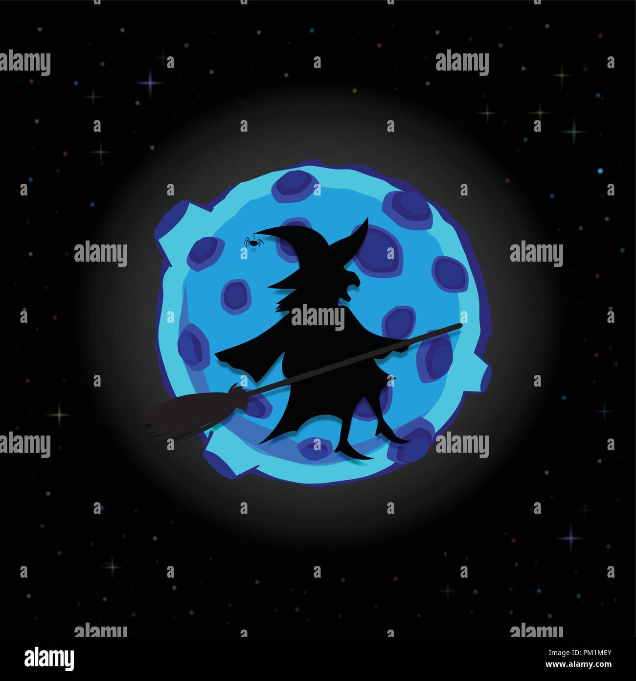 Black silhouette of old spooky witch on broomstick flying on night sky background with full blue moon and twinkle stars. Halloween vector cartoon illu Stock Vector