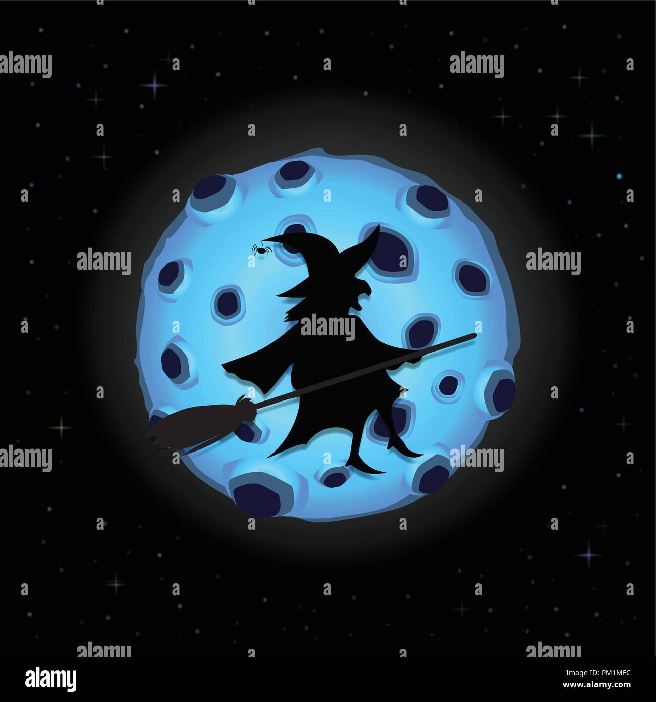 Black silhouette of old spooky witch on broom flying on night sky background with full blue moon and twinkle stars. Halloween vector cartoon illustrat Stock Vector