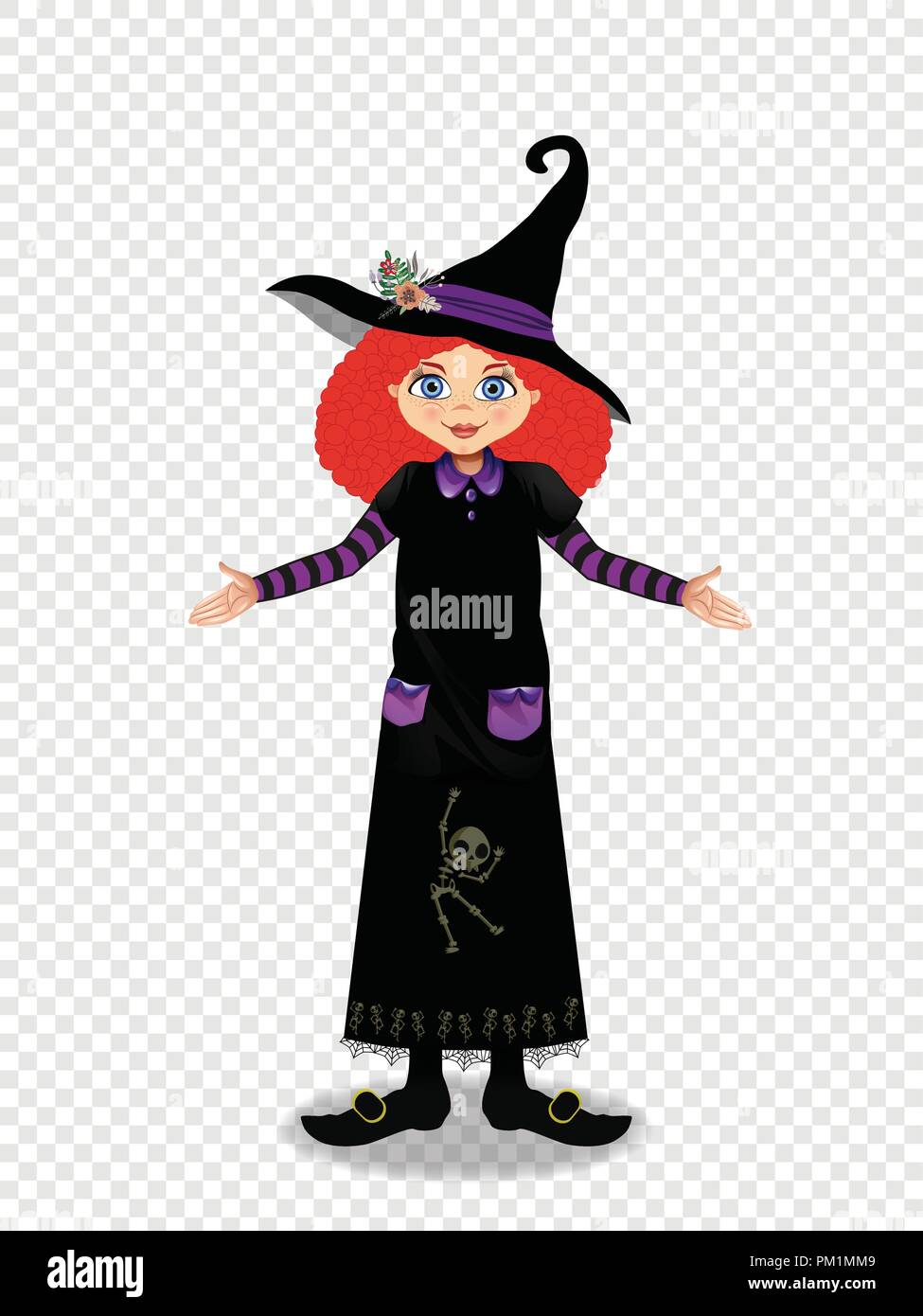 Halloween vector illustration of redheaded witch girl character in hat