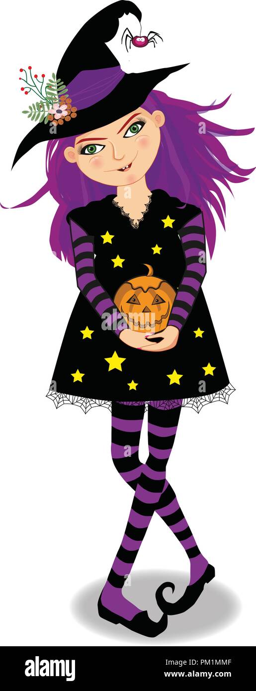 Halloween Vector Illustration Of Young Witch Girl Character With