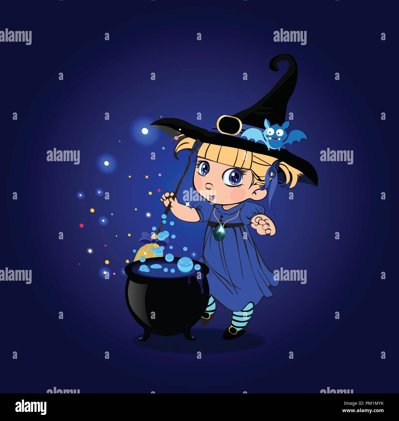 Vector cartoon halloween illustration of little blonde baby witch girl in  costume and cute bat on her hat stir boiling potion with broomstick in  cauld Stock Vector Image \u0026 Art - Alamy, image size:1300x1374