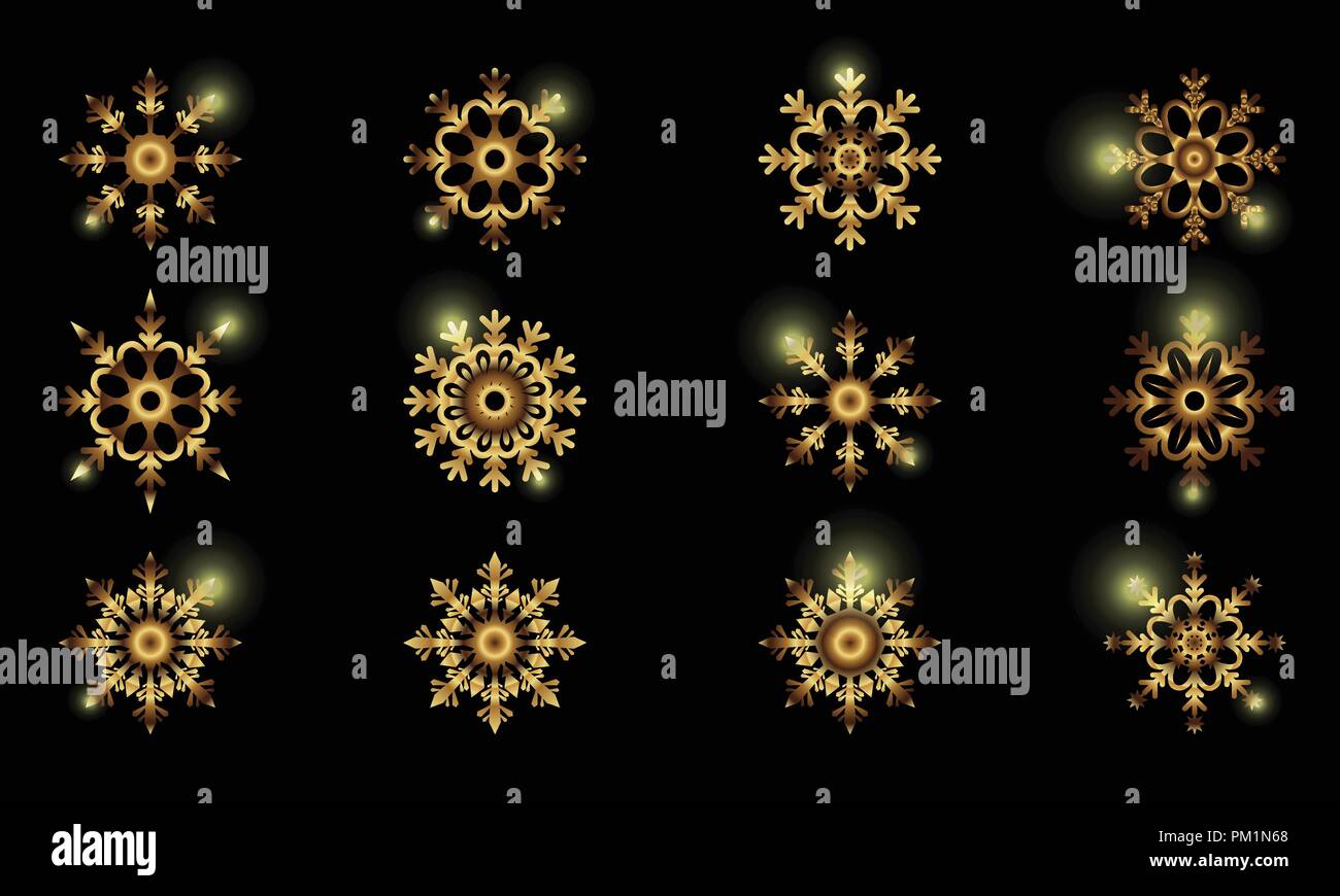 Vector Set of Realistic bright Gold snowflakes isolated on black ...