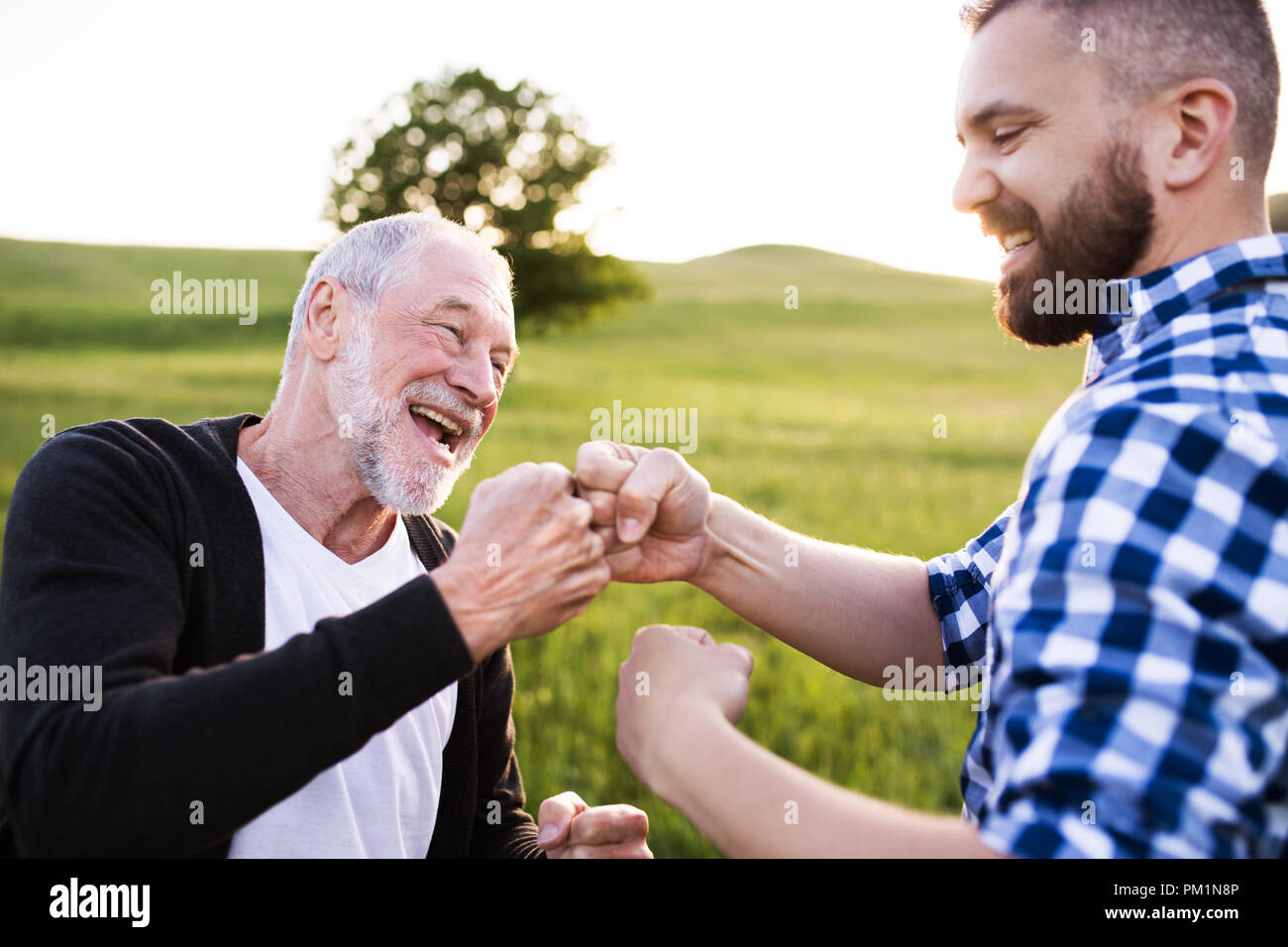 An adult hipster son with senior father making fist bump in nature at sunset. Stock Photo
