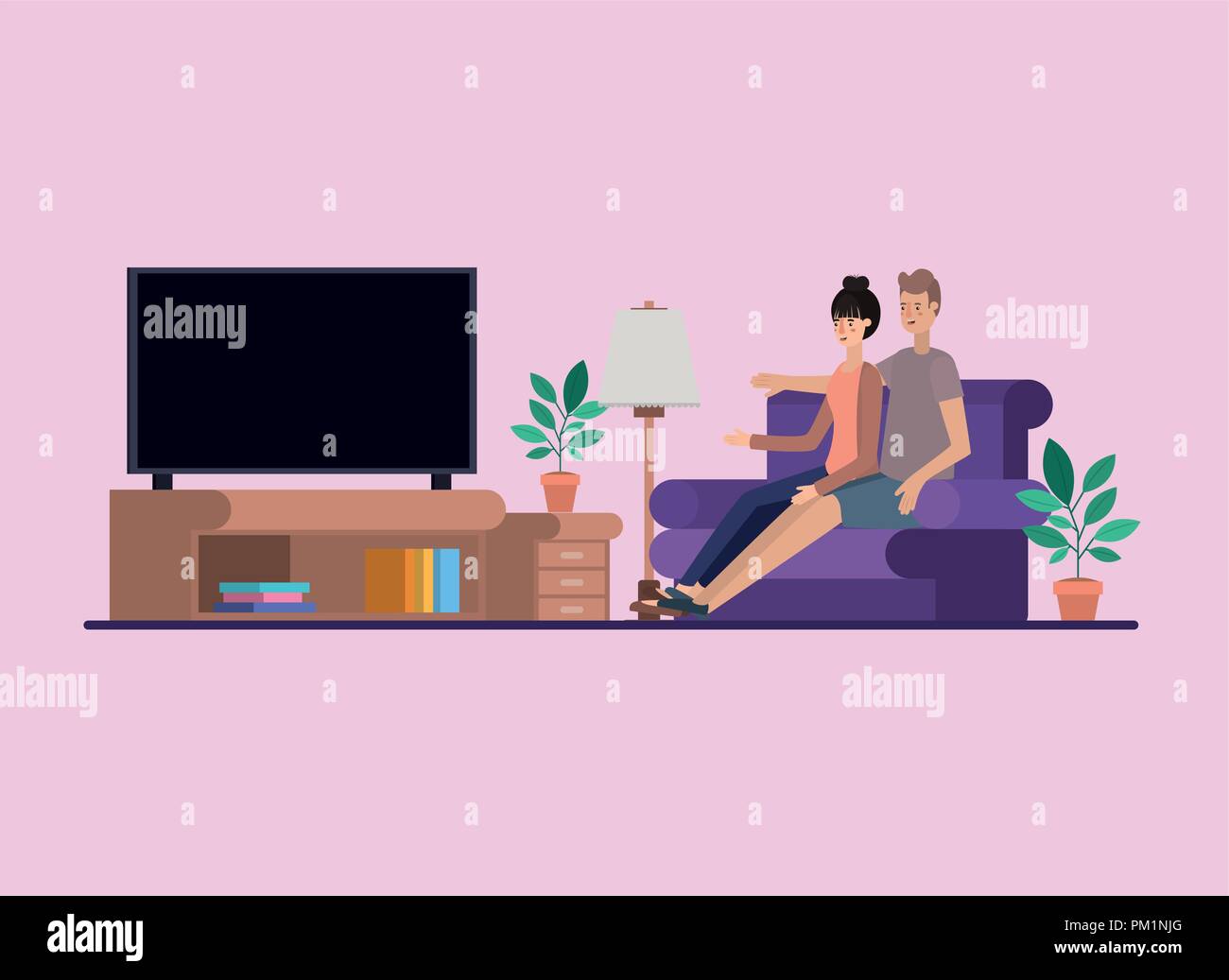 young couple watching tv on the livingroom Stock Vector