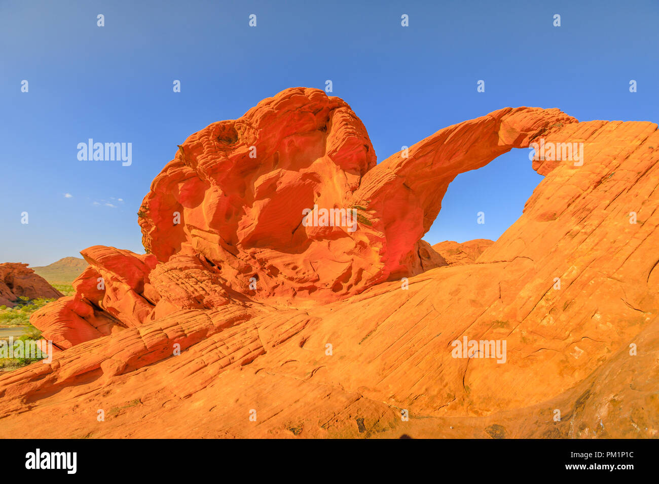 The iconic Arch Rock a natural arch along Valley of Fire scenic loop, Nevada's oldest state park famous for red sandstone formations formed from great shifting sand dunes during the age of dinosaurs. Stock Photo