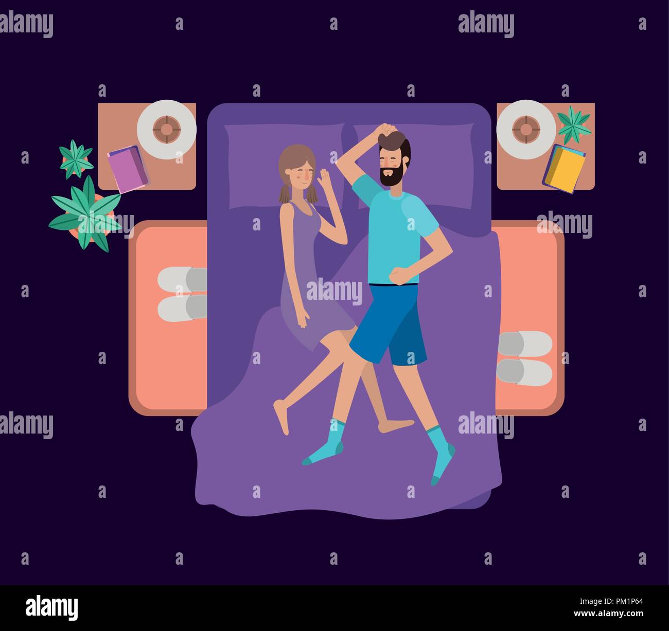 young couple relaxing on the bedroom Stock Vector