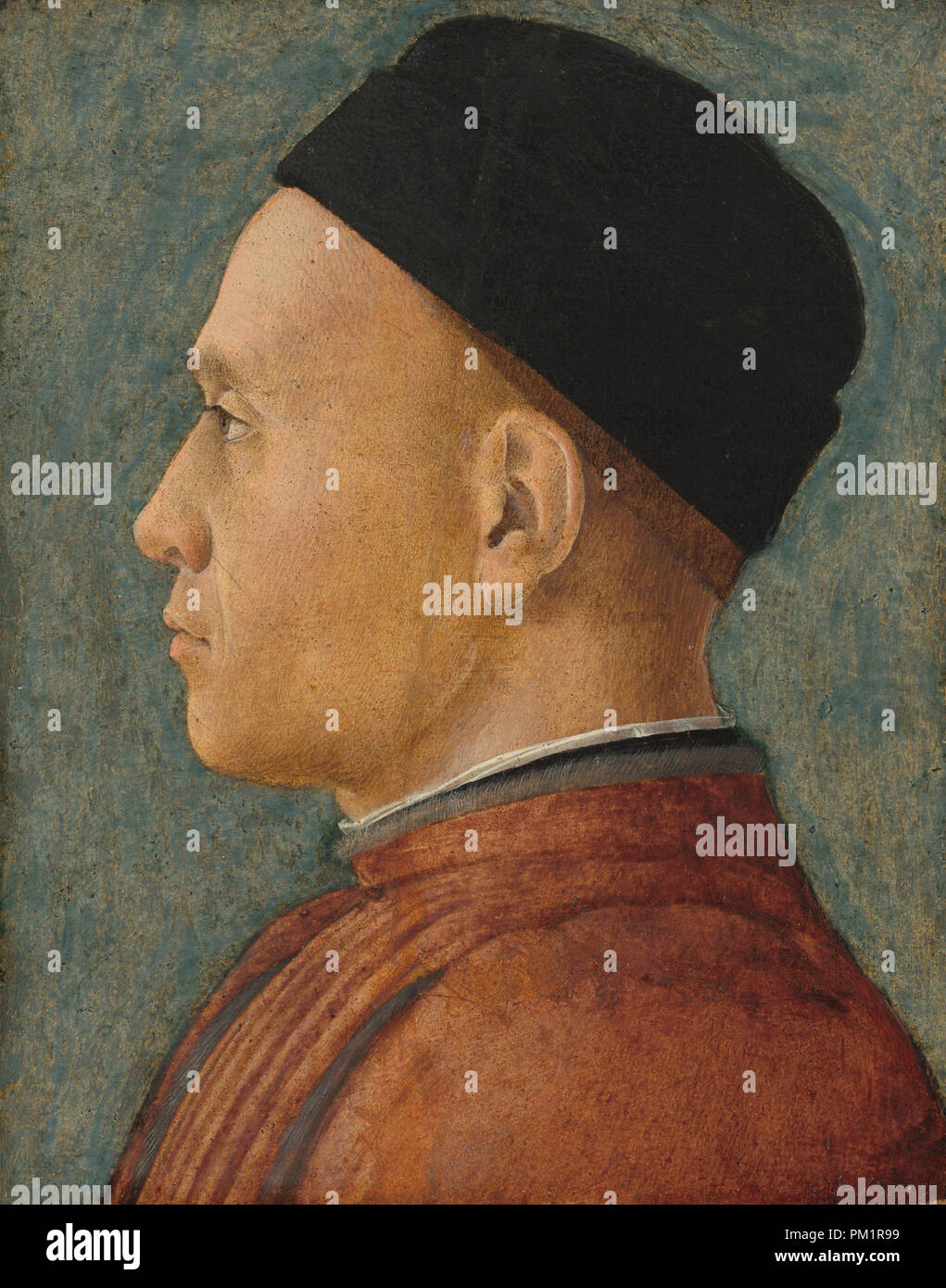 Portrait of a Man. Dated: c. 1470. Dimensions: overall: 24.2 x 19.1 cm (9 1/2 x 7 1/2 in.)  framed: 37.6 x 32.5 x 3.2 cm (14 13/16 x 12 13/16 x 1 1/4 in.). Medium: tempera on hardboard transferred from canvas transferred from panel. Museum: National Gallery of Art, Washington DC. Author: Andrea Mantegna. Stock Photo