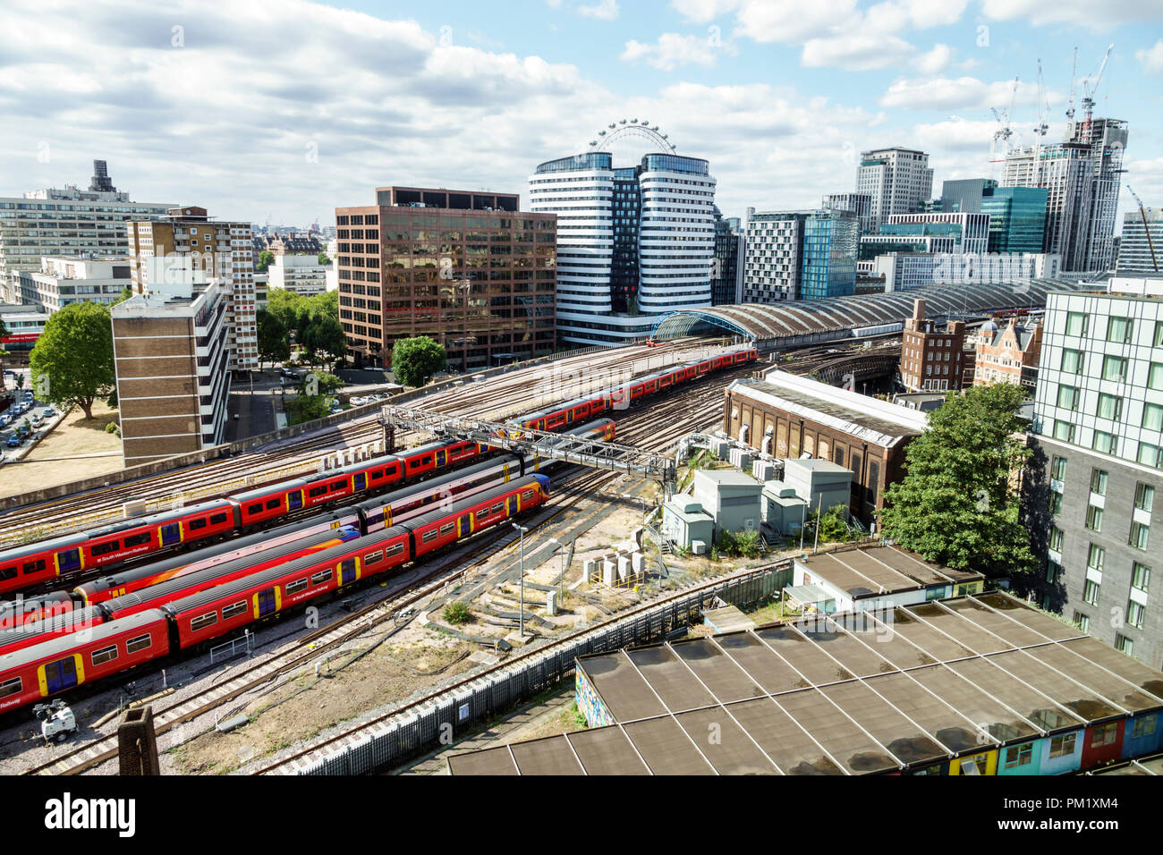 London England,UK,South Bank,Lambeth,London Waterloo,train station,South Western Railway,National Rail network terminus,tracks,trains,skyline,building Stock Photo