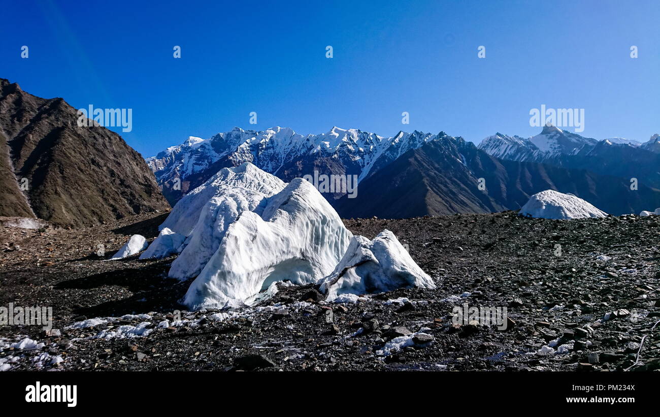 K2 and Broad Peak from Concordia in the Karakorum Mountains Pakistan Stock Photo