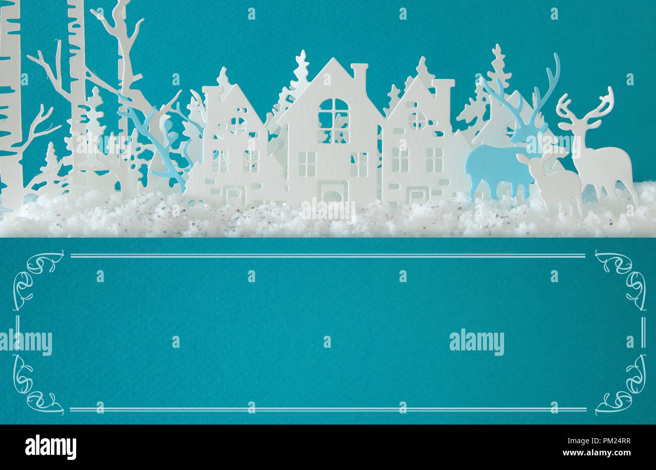 Magical Christmas paper cut winter background landscape with houses ...