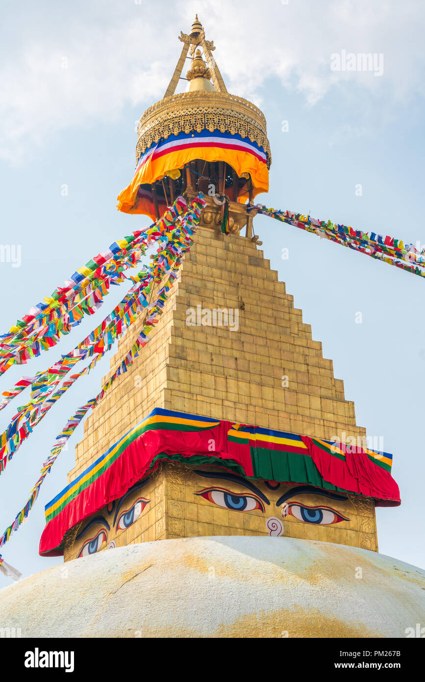 Boudhanath Stupa and prayer flags in Kathmandu, Nepal. Buddhist stupa of Boudha Stupa is one of the largest stupas in the world Stock Photo