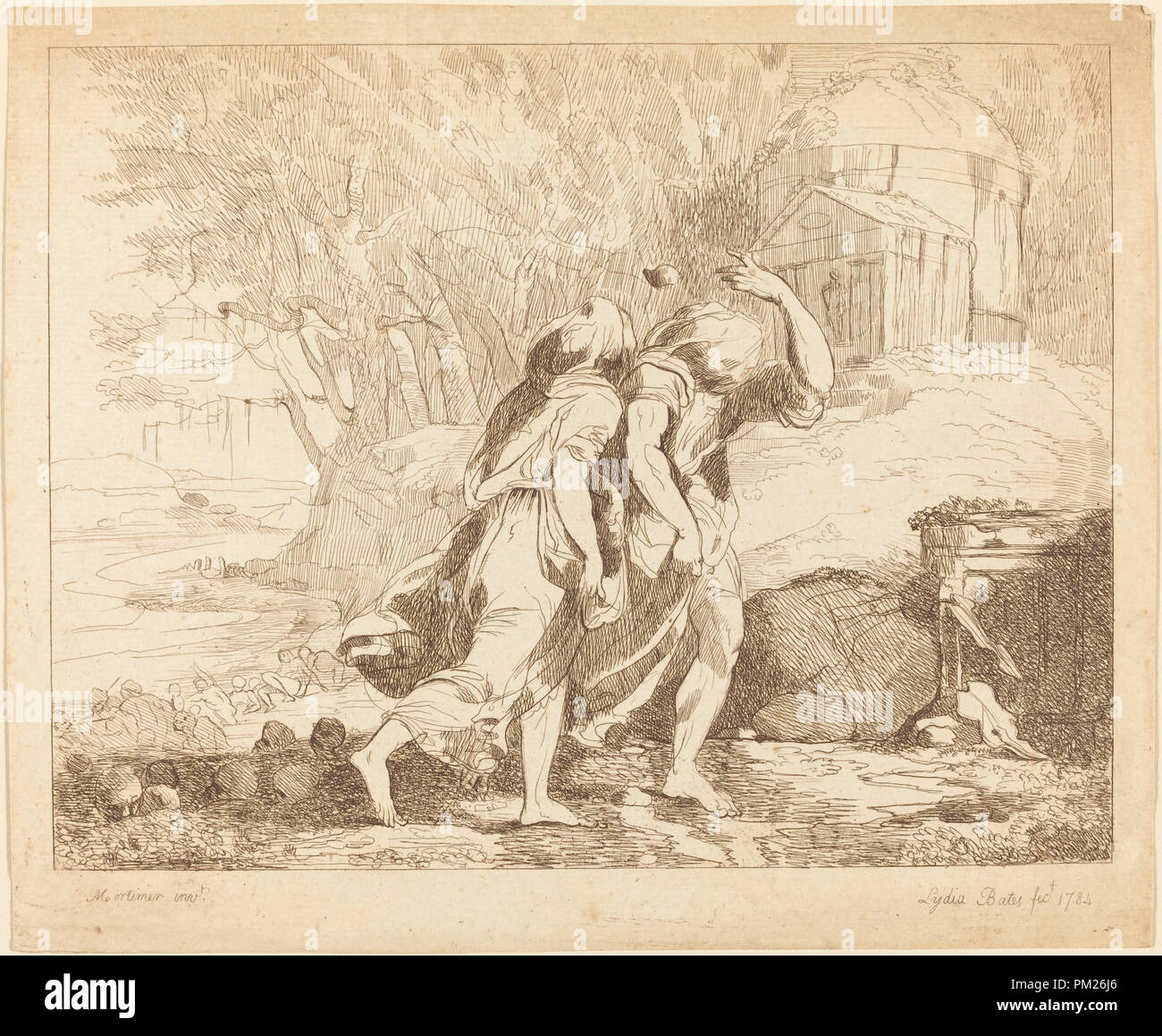 Two Fleeing Figures (Atlanta and Hippomenes?). Dated: 1784. Medium: etching. Museum: National Gallery of Art, Washington DC. Author: Lydia Bates. Lydia Bates after John Hamilton Mortimer. Stock Photo