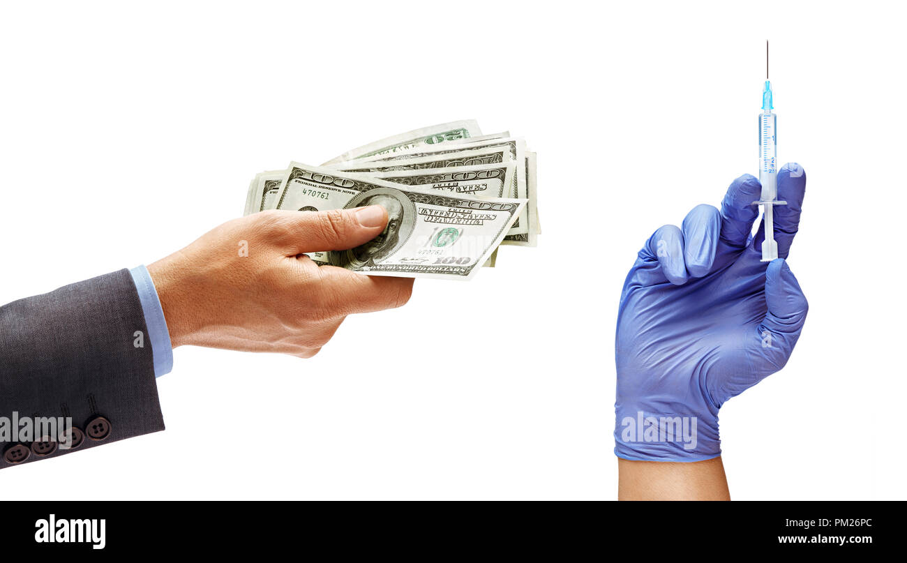 Man's hand in suit holding cash money and man's hand in medical glove with syringe isolated on white background. Medical and business concept. Close u Stock Photo