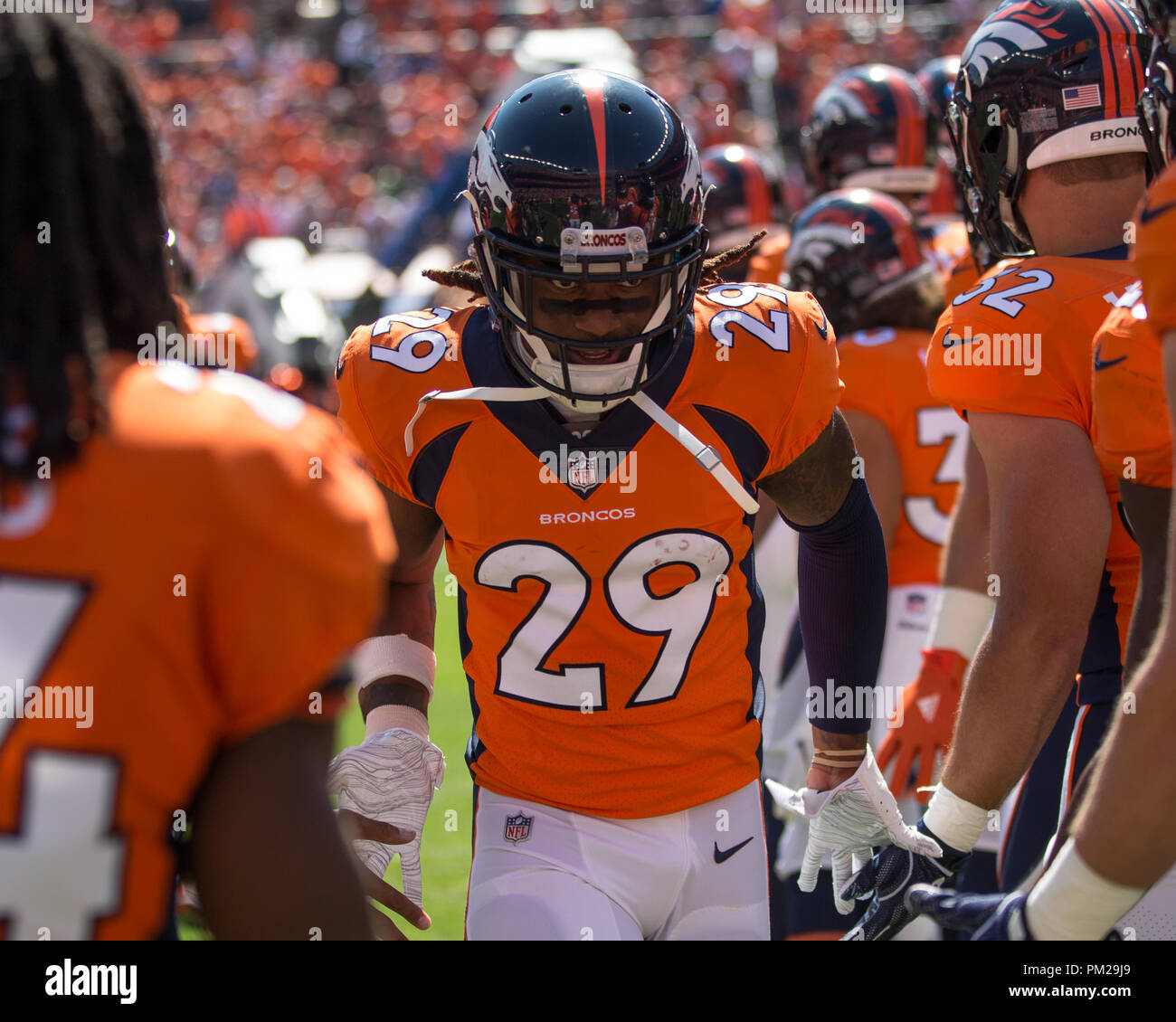 Denver, USA. September 16, 2018: Denver Broncos defensive back Bradley Roby (29) during opening ceremonies of an NFL matchup between the Oakland Raiders and the Denver Broncos at Broncos Stadium at Mile High Denver CO, Scott D Stivason/Cal Sport Media Credit: Cal Sport Media/Alamy Live News Stock Photo