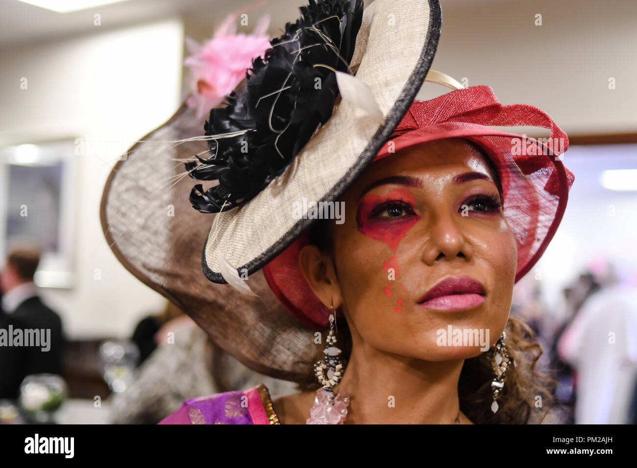 London, UK. 16th Sep 2018. British-based couture fashion brand, Pierre Garroudi Spectacular Fashion Show at London Fashion Week SS19 latest collection showcasing ten new, exclusive, luxury bags created to run alongside the couture collection at Strand Palace Hotel on 16 September 2018, London, UK. Credit: Picture Capital/Alamy Live News Stock Photo