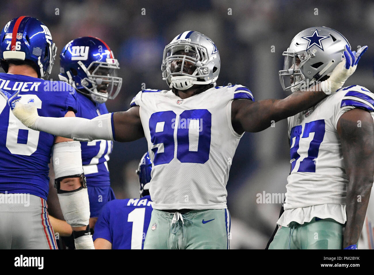 September 30, 2018: Dallas Cowboys defensive end Demarcus Lawrence #90  celebrates after a sack during an NFL football game between the Detroit  Lions and the Dallas Cowboys at AT&T Stadium in Arlington