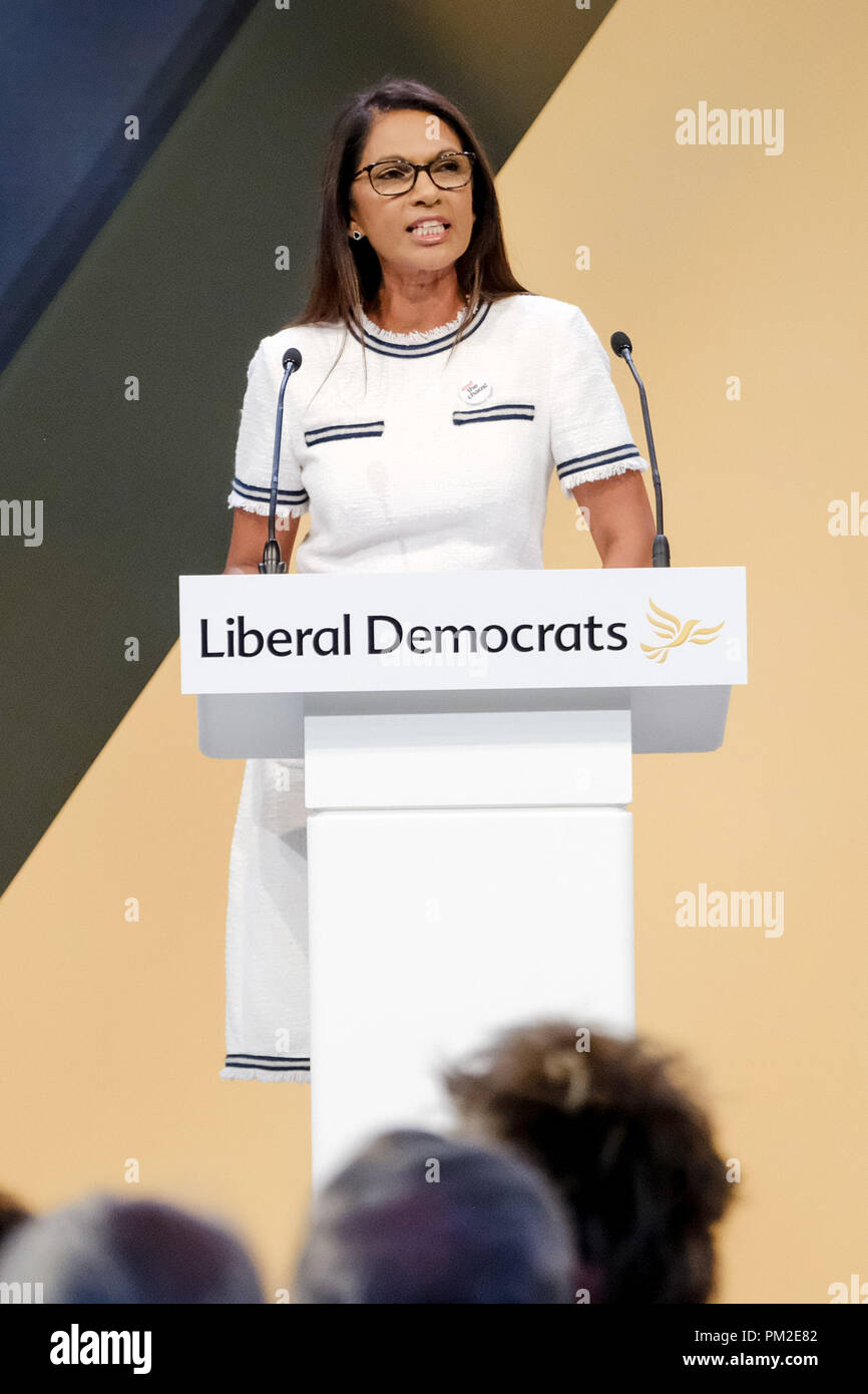 Brighton Centre, Sussex, UK. 17th Sep 2018. Gina Miller addresses the  Liberal Democrat Autumn Conference on Monday 17 September 2018 held at  Brighton Centre, Sussex. Pictured: Gina Miller , Guyanese–British business  owner