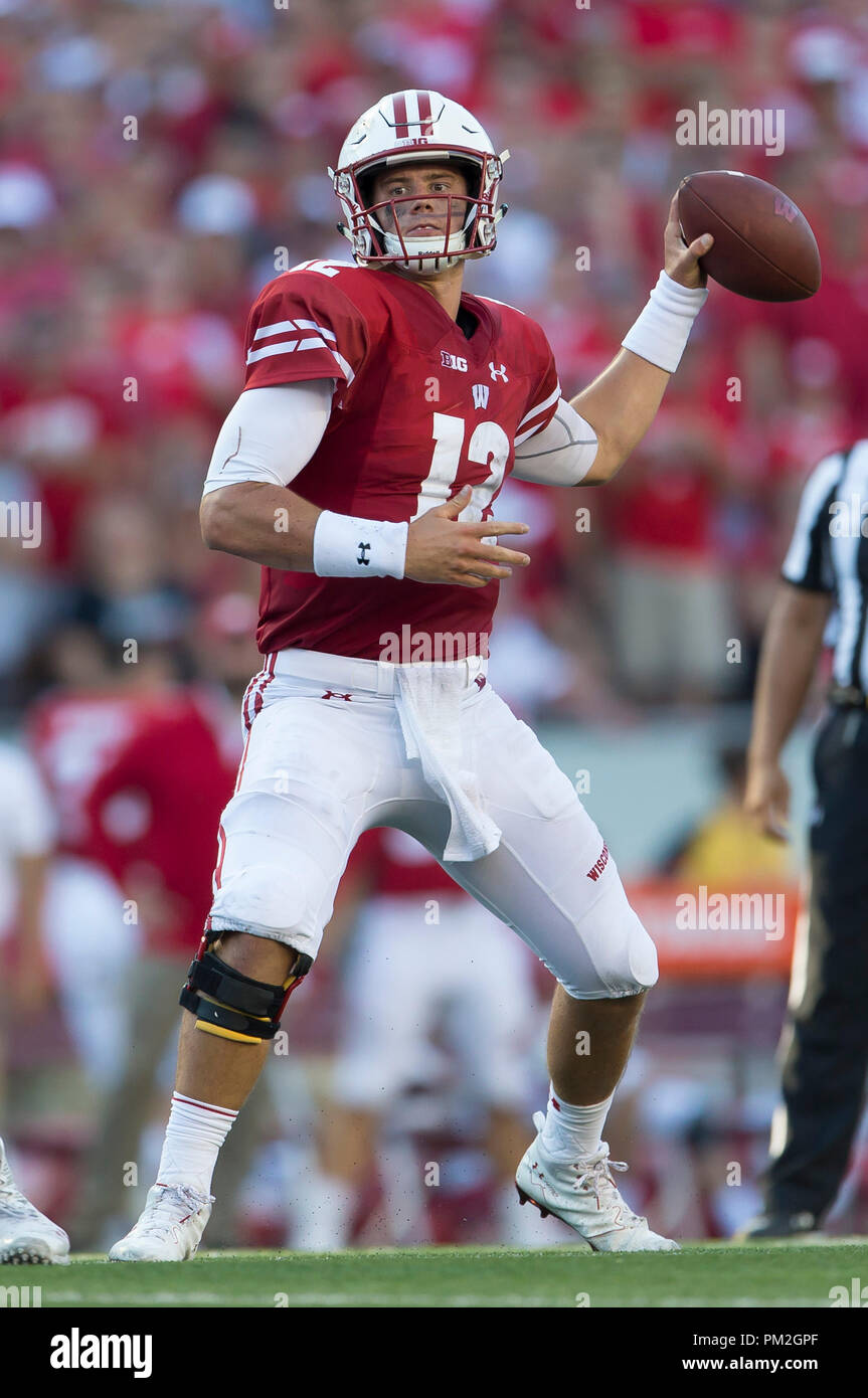 Madison, WI, USA. 15th Sep, 2018. Wisconsin Badgers quarterback Alex Hornibrook #12 throws a pass during the NCAA Football game between the Brigham Young Cougars and the Wisconsin Badgers at Camp Randall Stadium in Madison, WI. John Fisher/CSM/Alamy Live News Stock Photo