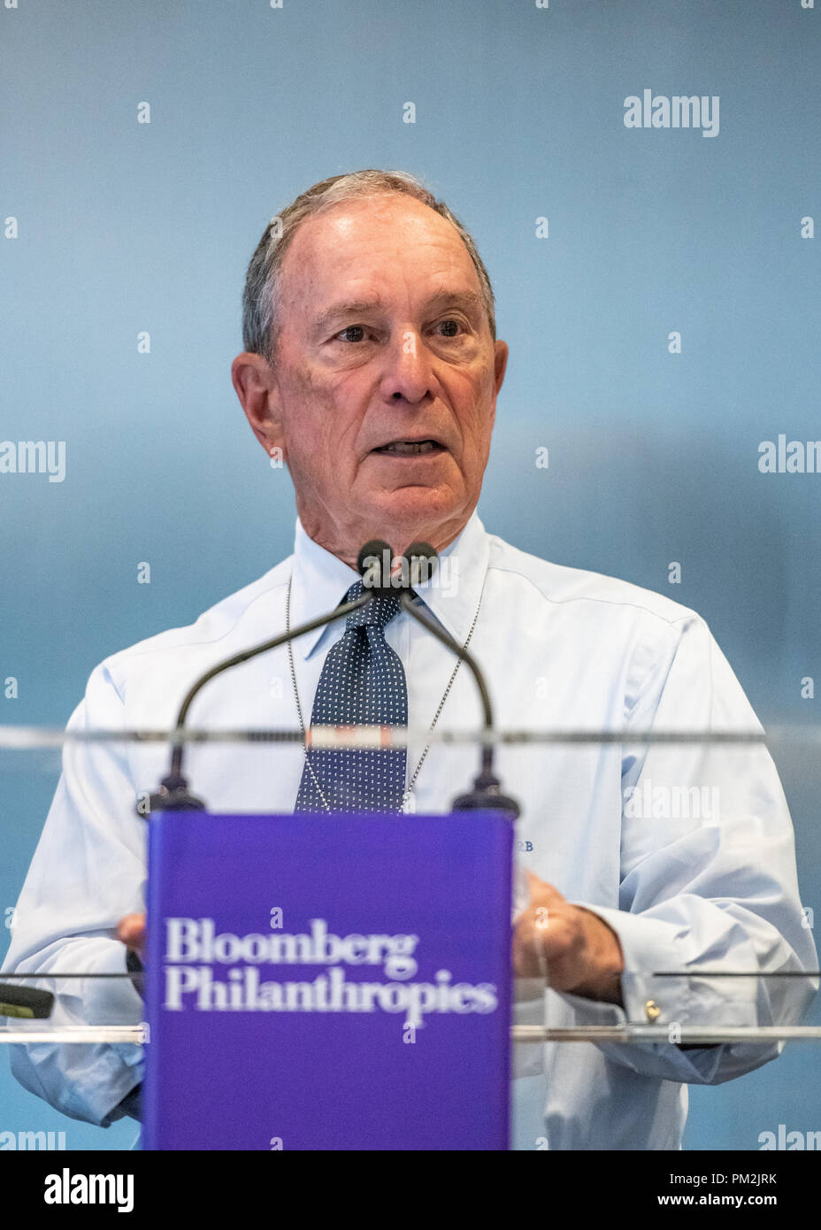 New York, USA, 17 September 2018.  Former New York city Mayor Michael Bloomberg addresses a press briefing about the Bloomberg Global Business Forum 2018. Fifty heads of state from six continents are expected to attend the annual event, focused on strengthening global trade and economic alliances, which will be held on Sept. 26 alongside 73rd U.N. General Assembly.  Photo by Enrique Shore Credit: Enrique Shore/Alamy Live News Stock Photo