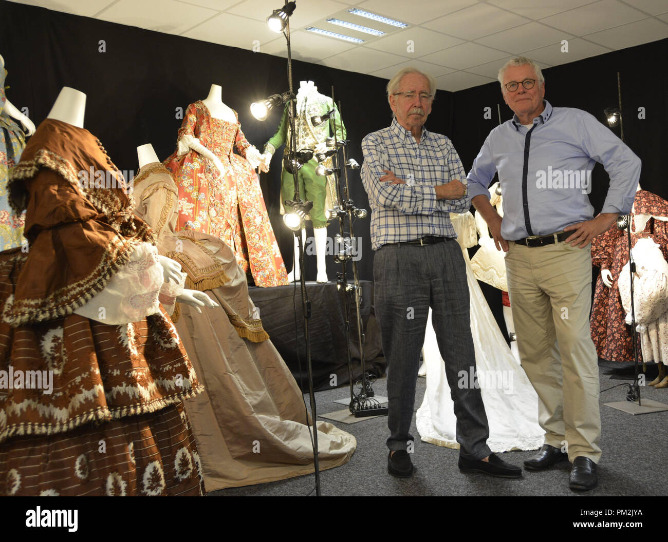 Beckenried, Switzerland. 15th Aug, 2018. Martin Kamer (L) and Wolfgang Ruf (R) have been collecting historical textiles for decades. The collectors are looking for a museum for their pieces. Credit: Christiane Oelrich/dpa/Alamy Live News Stock Photo