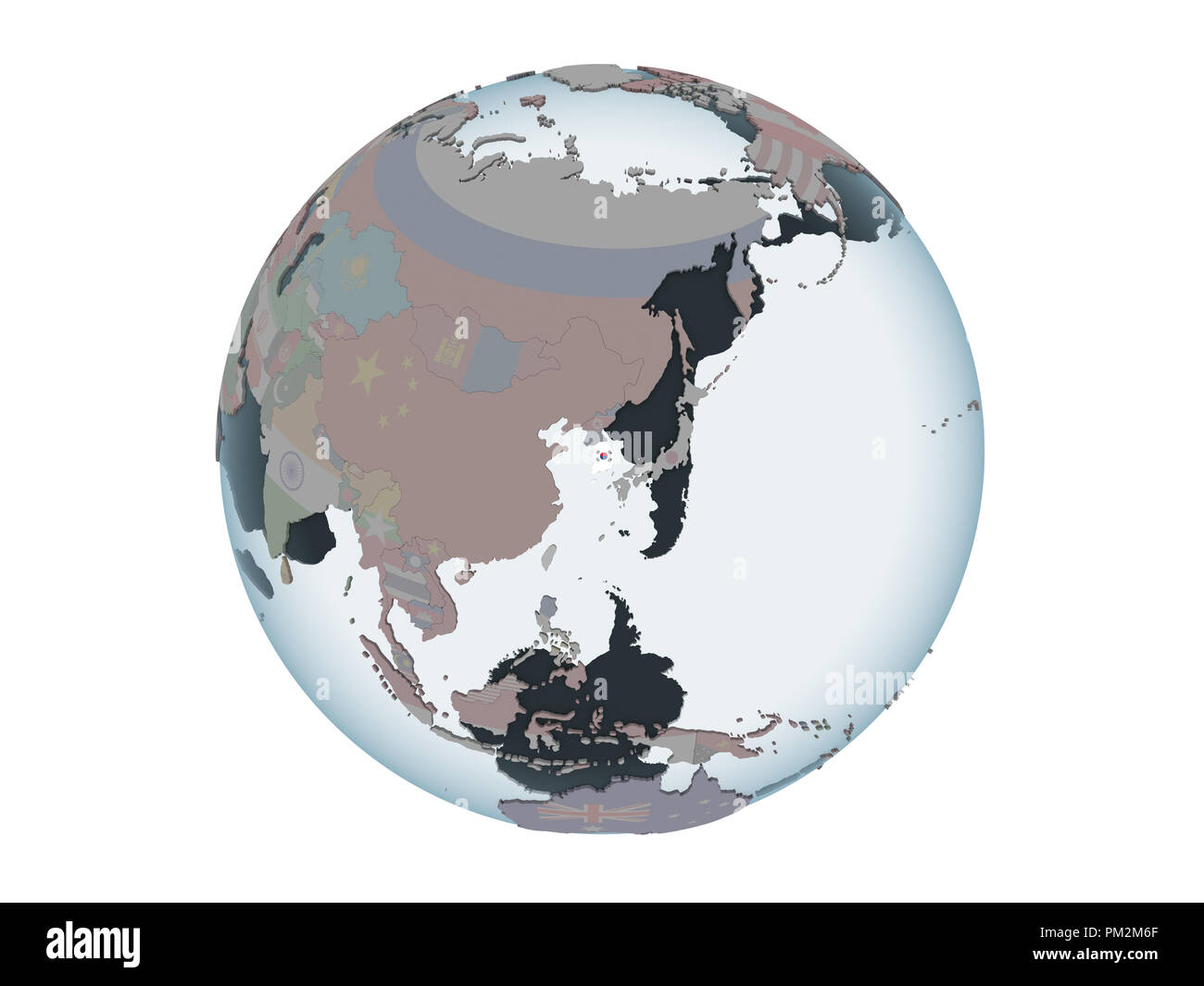 South Korea on political globe with embedded flag. 3D illustration ...