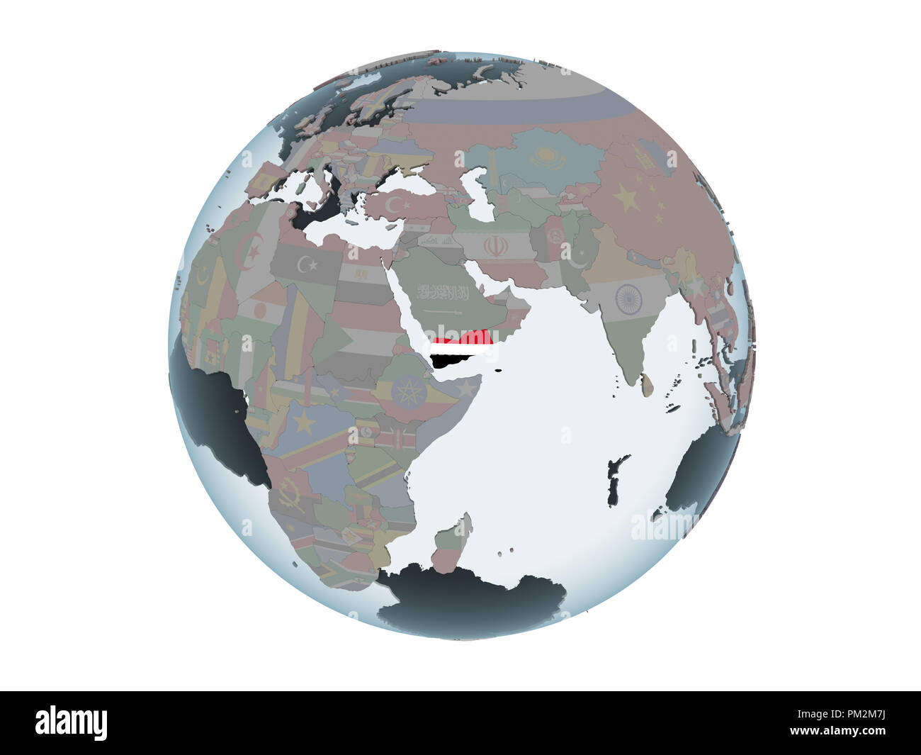 Yemen on political globe with embedded flag. 3D illustration isolated ...