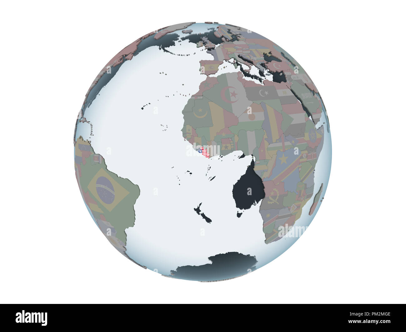 Liberia on political globe with embedded flag. 3D illustration isolated ...
