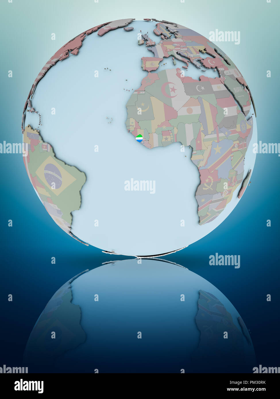 Sierra Leone with national flag on globe reflecting on shiny surface ...