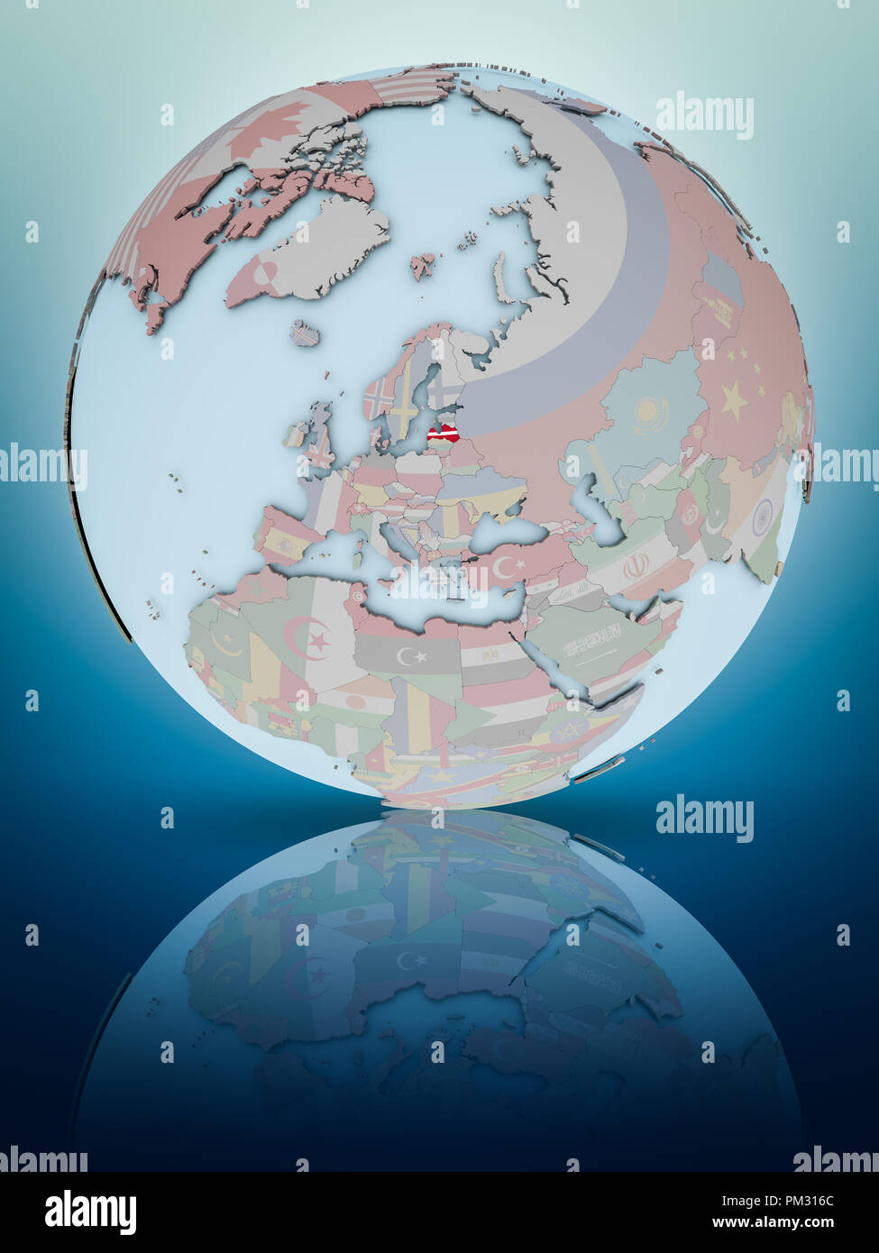 Latvia with national flag on globe reflecting on shiny surface. 3D ...