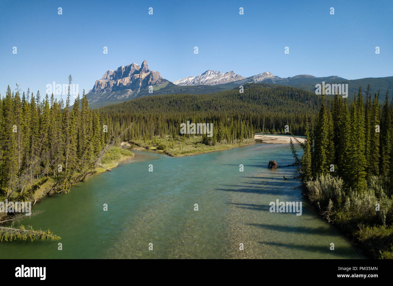 Beautiful aerial panoramic landscape view of Canadian Rockies during a