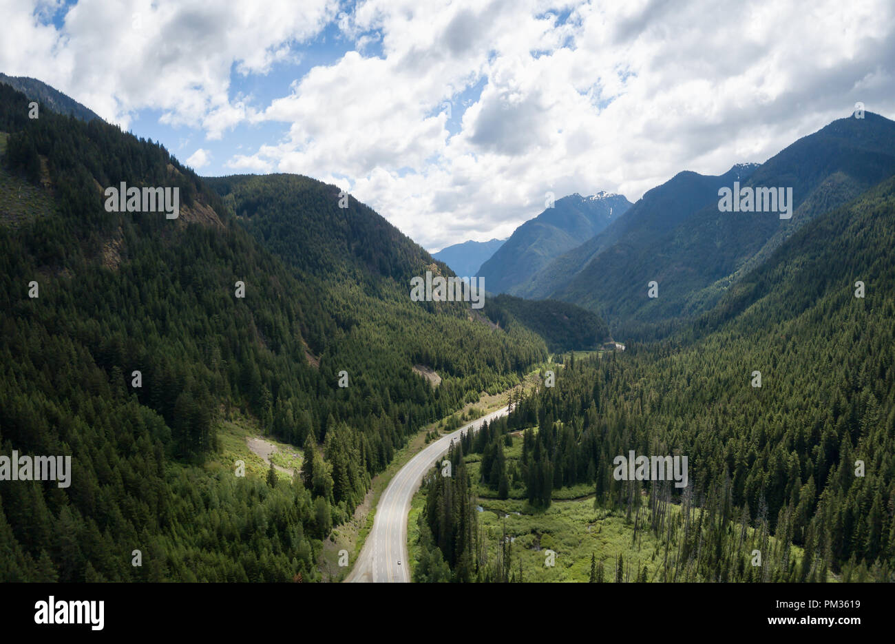 Aerial Panoramic View Of A Scenic Road Going Through The Valley ...