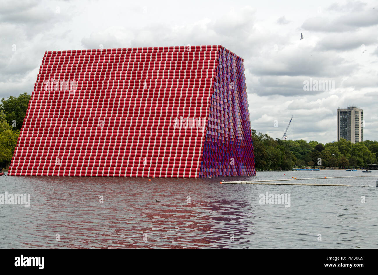 LONDON, UK - SEPTEMBER 14, 2018: Side view of The London Mastaba by Christo and Jeanne-Claude on display for three months over the summer in Hyde Park Stock Photo