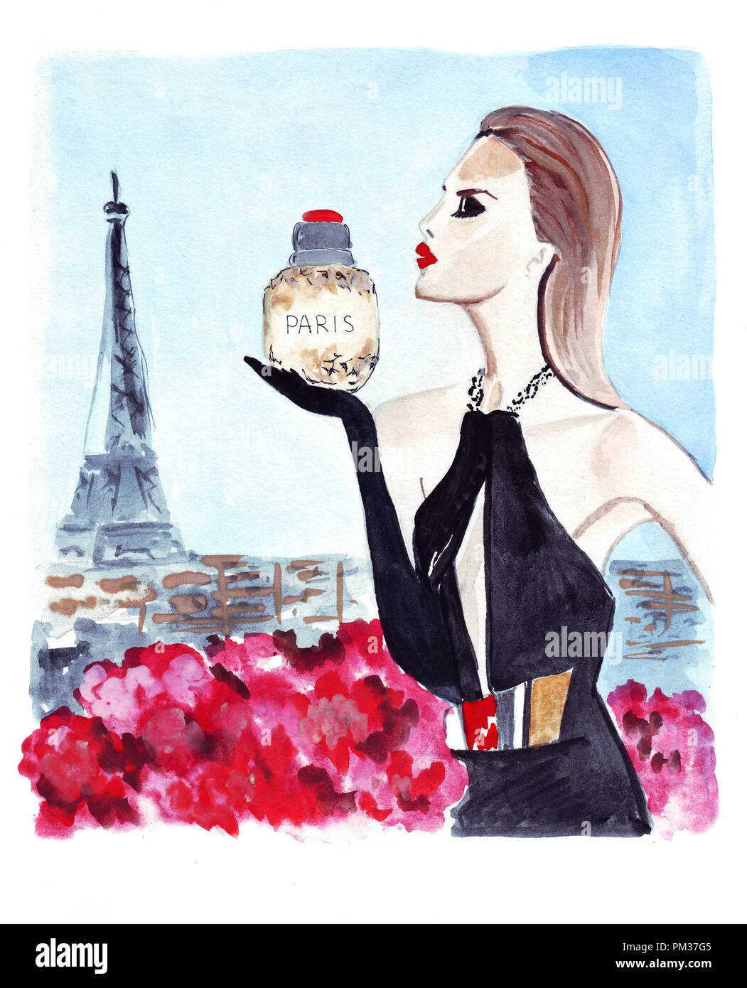 Illustration sketch portrait of female fashion with spirits in hands on the background of Eiffel Tower in Paris Stock Photo