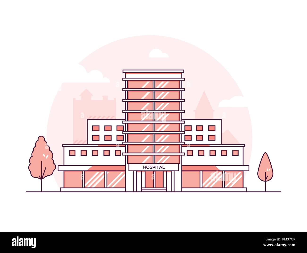 Hospital building - modern thin line design style vector illustration on white urban background. Red colored high quality composition with facade of m Stock Vector