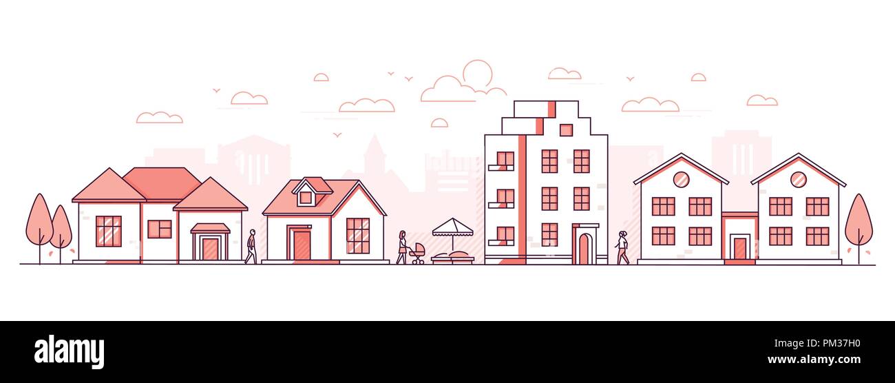City life - modern thin line design style vector illustration on white ...