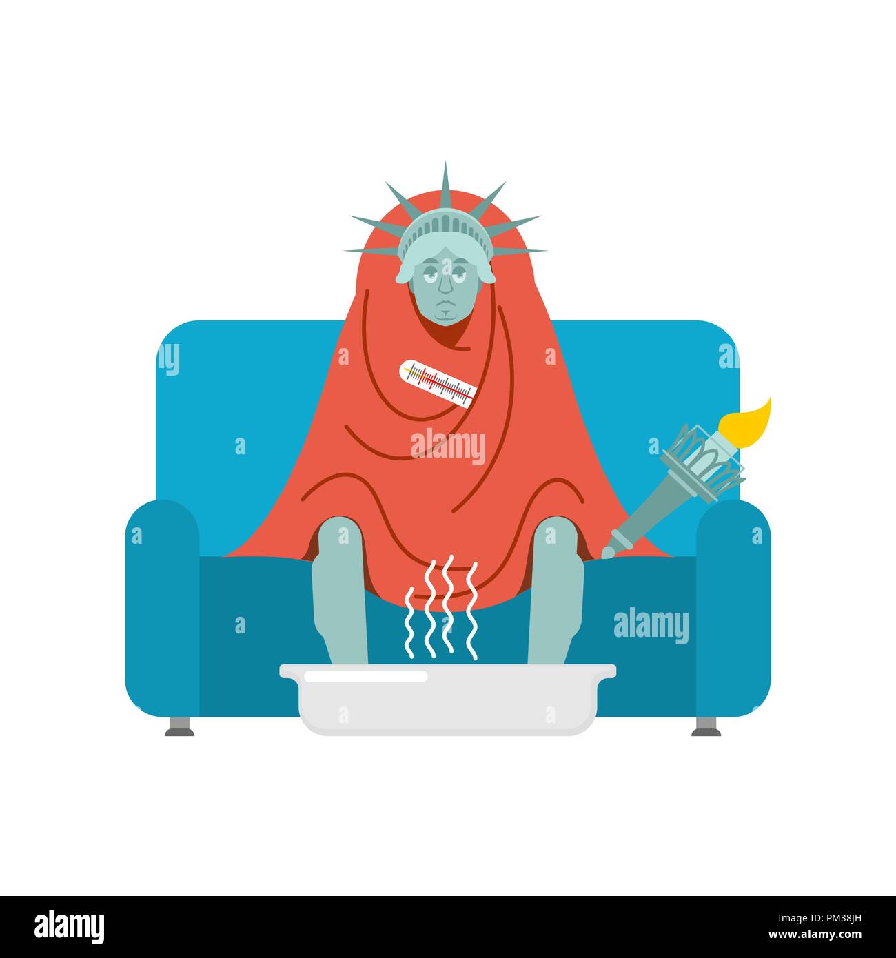 Statue of Liberty sick sitting in armchair wrapped in blanket. United