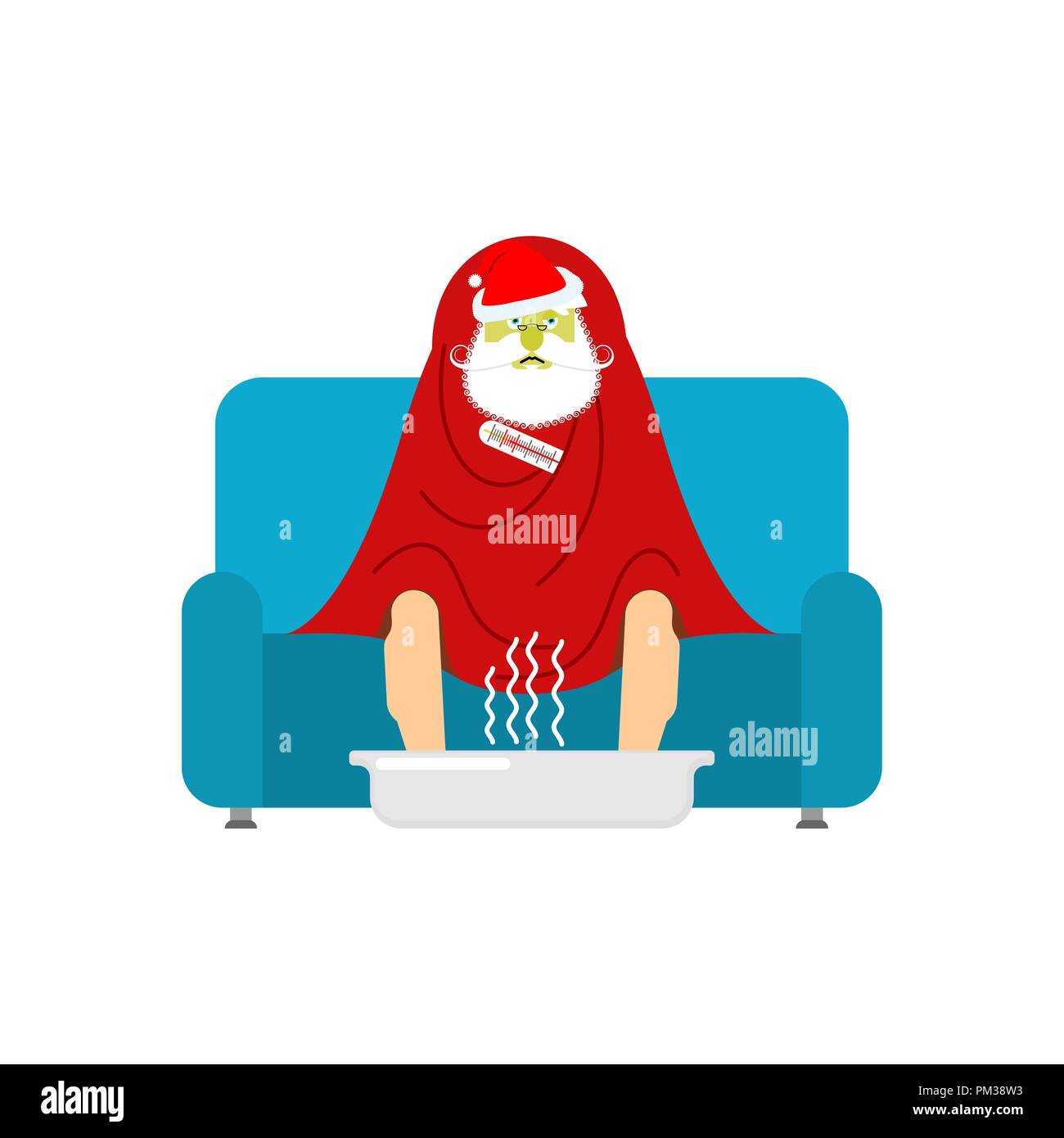 Santa sick sitting in armchair wrapped in blanket. Claus illness sneezing. Unhappy Grandfather having flu sitting on sofa. vector illustration Stock Vector