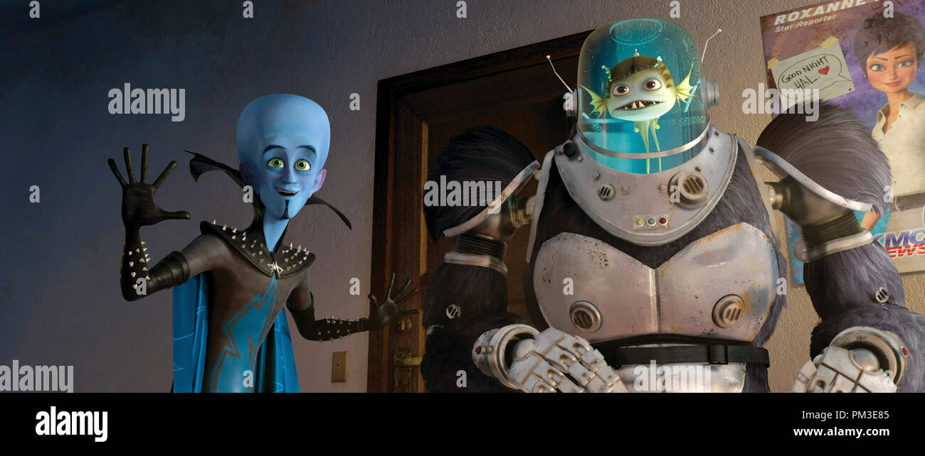 Megamind (Will Ferrell, left) and Minion (David Cross, right) prepare to go under cover in DreamWorks Animation's MEGAMIND to be released by Paramount on November 5th. Stock Photo
